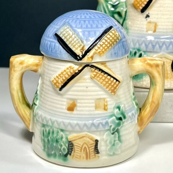 Vintage Ceramic Windmill Tea Set Made in Japan Hand Painted Teapot Sugar Creamer - Picture 2 of 14